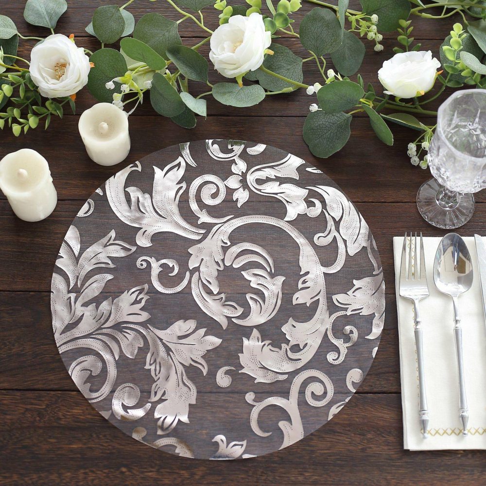 10 Pack Metallic Silver Sheer Organza Round Placemats with Swirl Foil Floral Design, 13″ Disposable Dining Table Mats  |   Reusable Placemats Charger Plates Metallic Silver