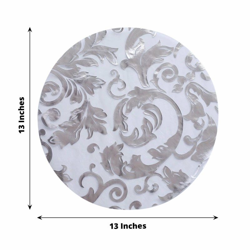 10 Pack Metallic Silver Sheer Organza Round Placemats with Swirl Foil Floral Design, 13″ Disposable Dining Table Mats  |   Reusable Placemats Charger Plates Metallic Silver