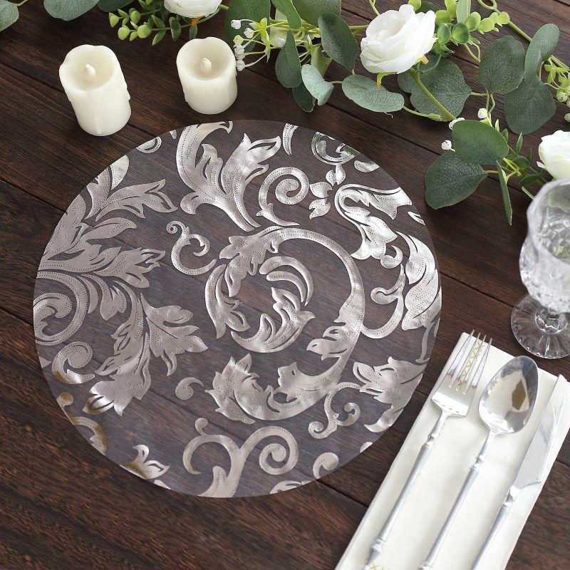 10 Pack Metallic Silver Sheer Organza Round Placemats with Swirl Foil Floral Design, 13″ Disposable Dining Table Mats  |   Reusable Placemats Charger Plates Metallic Silver