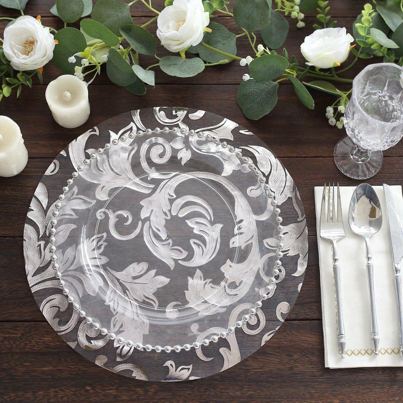 10 Pack Metallic Silver Sheer Organza Round Placemats with Swirl Foil Floral Design, 13″ Disposable Dining Table Mats  |   Reusable Placemats Charger Plates Metallic Silver