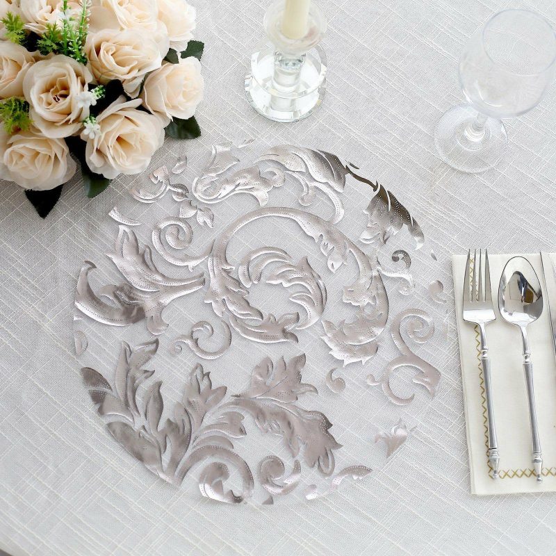 10 Pack Metallic Silver Sheer Organza Round Placemats with Swirl Foil Floral Design, 13″ Disposable Dining Table Mats  |   Reusable Placemats Charger Plates Metallic Silver