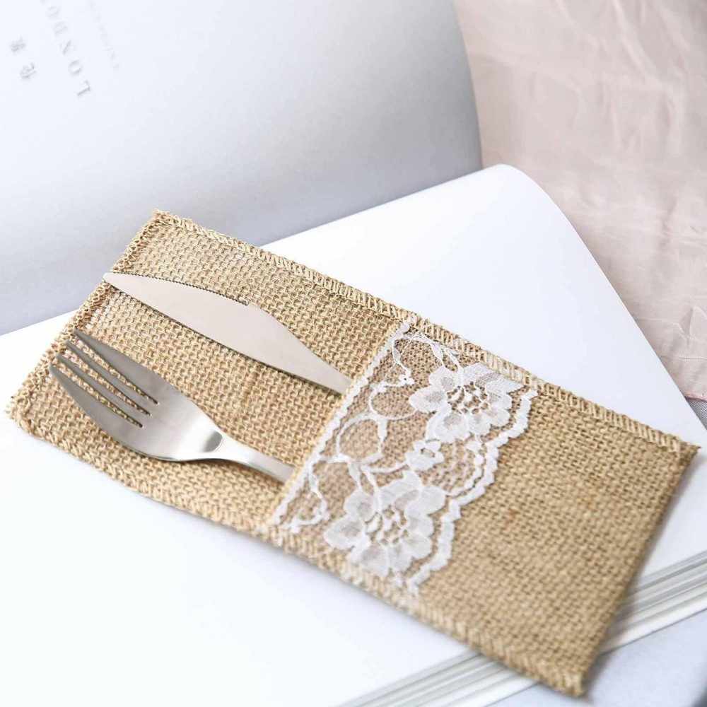 10 Pack Natural Burlap/Lace Single Set Silverware Holder Pouch 4″x8″  |   Burlap Burlap Burlap