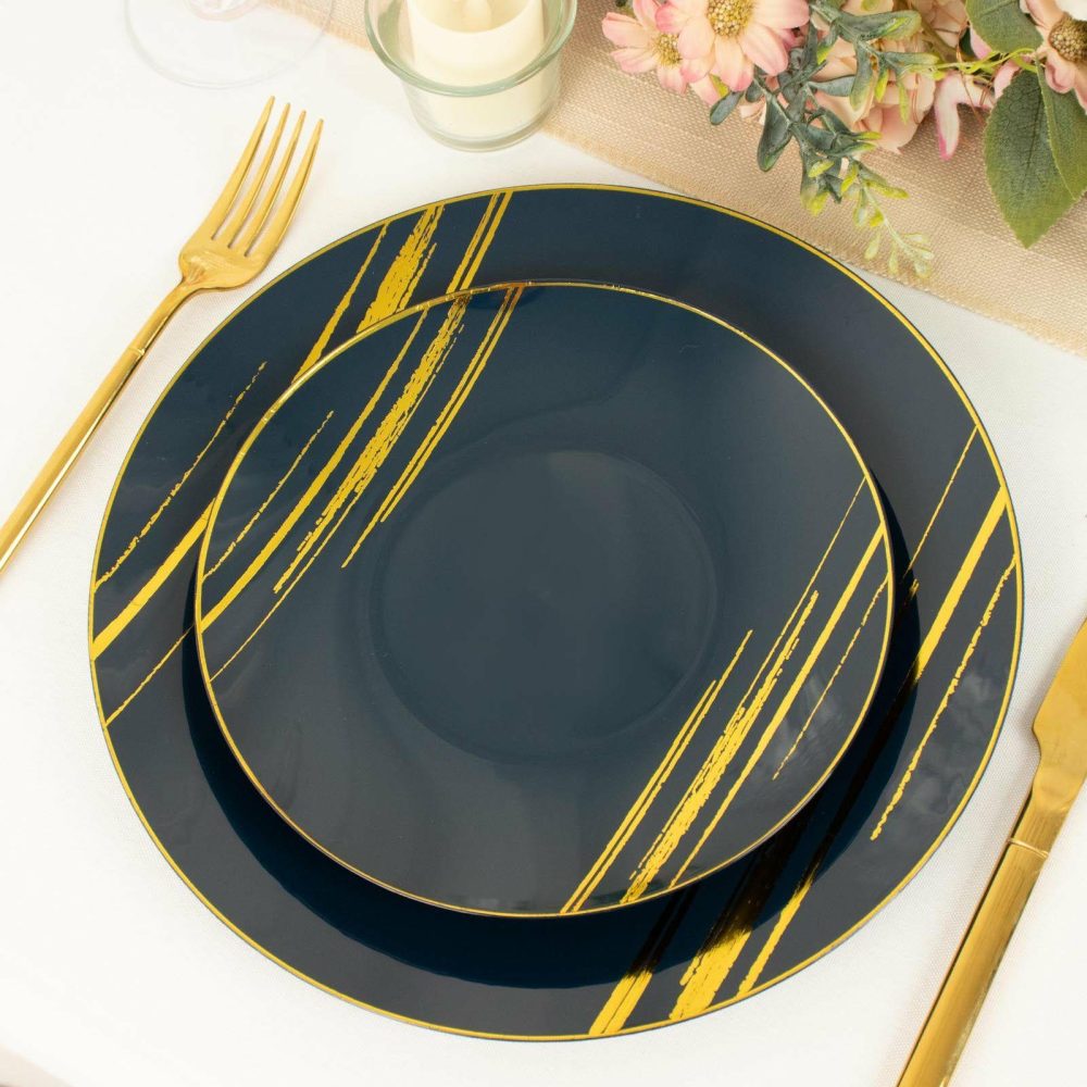 10 Pack Navy Blue and Gold Brush Stroked Round Plastic Dessert Plates, Disposable Appetizer Salad Party Plates 7″  |   Disposable Salad/Dessert Plates Disposable Plates Disposable Salad/Dessert Plates