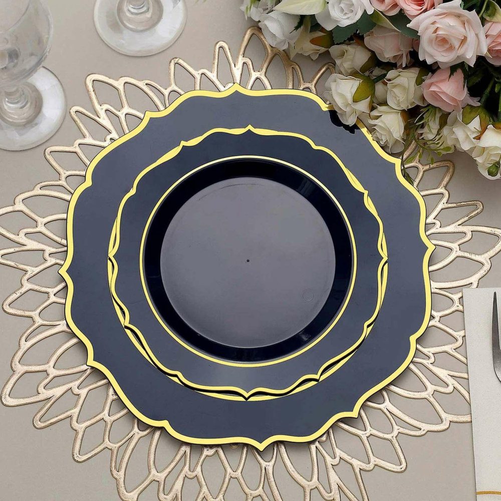 10 Pack Navy Blue Plastic Dessert Salad Plates, Disposable Tableware Round With Gold Scalloped Rim 8″  |   Disposable Salad/Dessert Plates Disposable Plates Disposable Salad/Dessert Plates