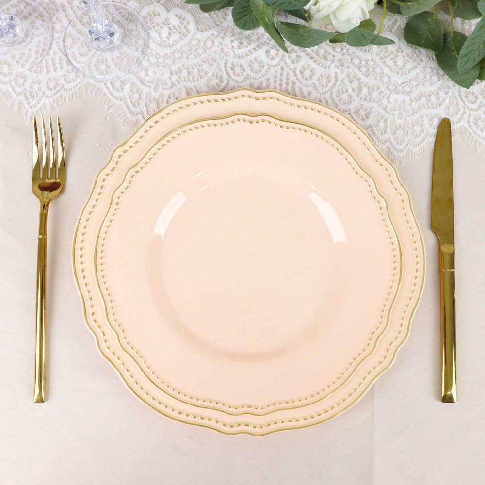 10 Pack Nude / Gold Scalloped Rim Plastic Dinner Plates, Disposable Party Plates 9″  |   Disposable Dinner Plates Disposable Dinner Plates Disposable Dinner Plates