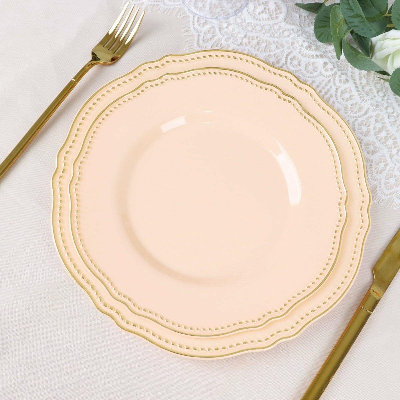 10 Pack Nude / Gold Scalloped Rim Plastic Dinner Plates, Disposable Party Plates 9″  |   Disposable Dinner Plates Disposable Dinner Plates Disposable Dinner Plates