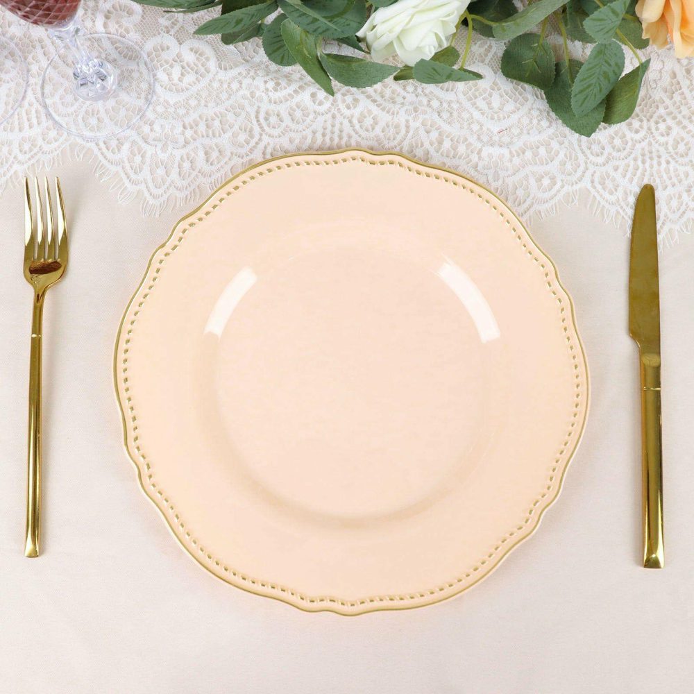 10 Pack Nude / Gold Scalloped Rim Plastic Dinner Plates, Large Disposable Party Plates 10″  |   Disposable Dinner Plates Disposable Dinner Plates Disposable Dinner Plates