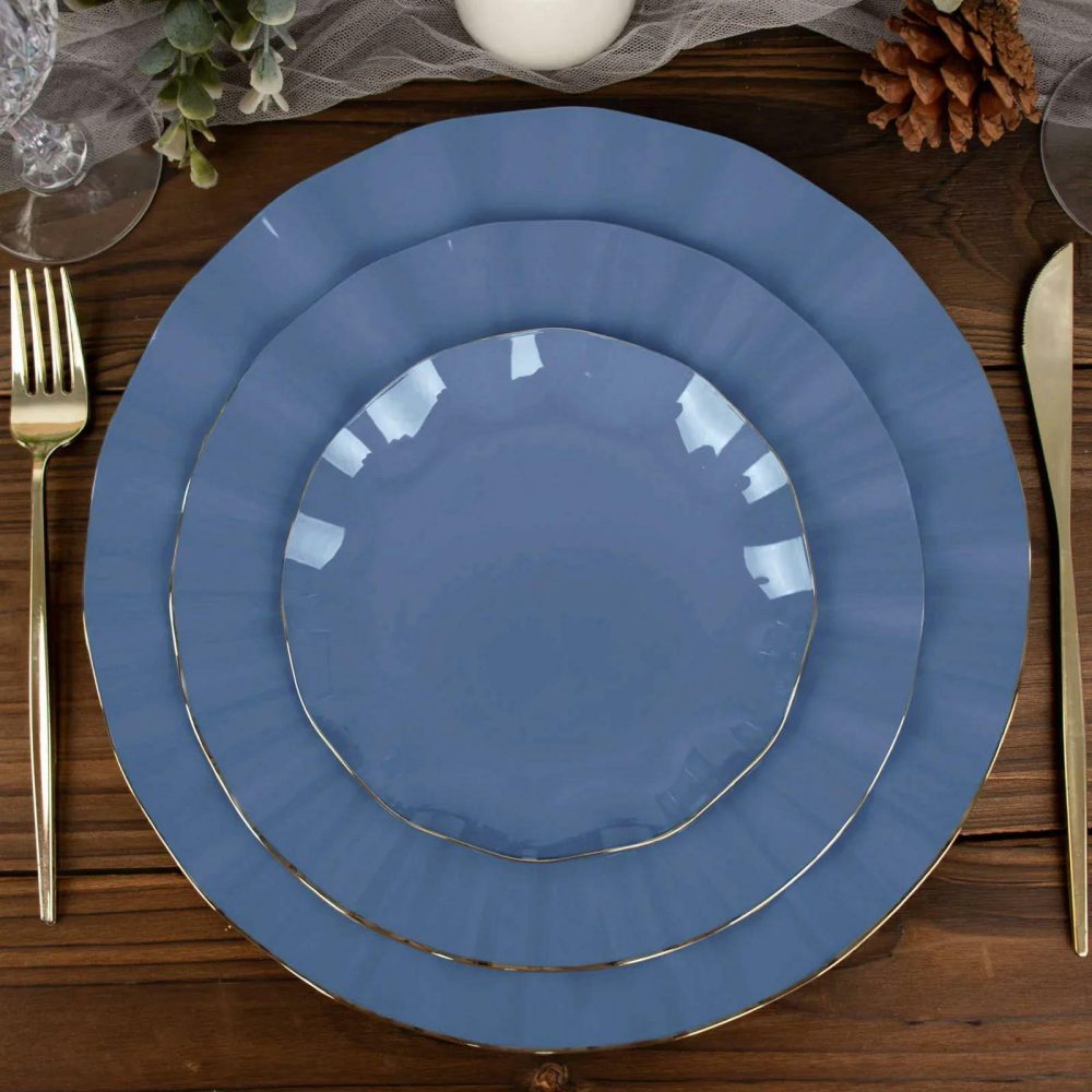 10 Pack Ocean Blue Hard Plastic Dessert Plates with Gold Ruffled Rim, Heavy Duty Disposable Salad Appetizer Dinnerware 6″  |   Disposable Salad/Dessert Plates Disposable Plates Disposable Salad/Dessert Plates