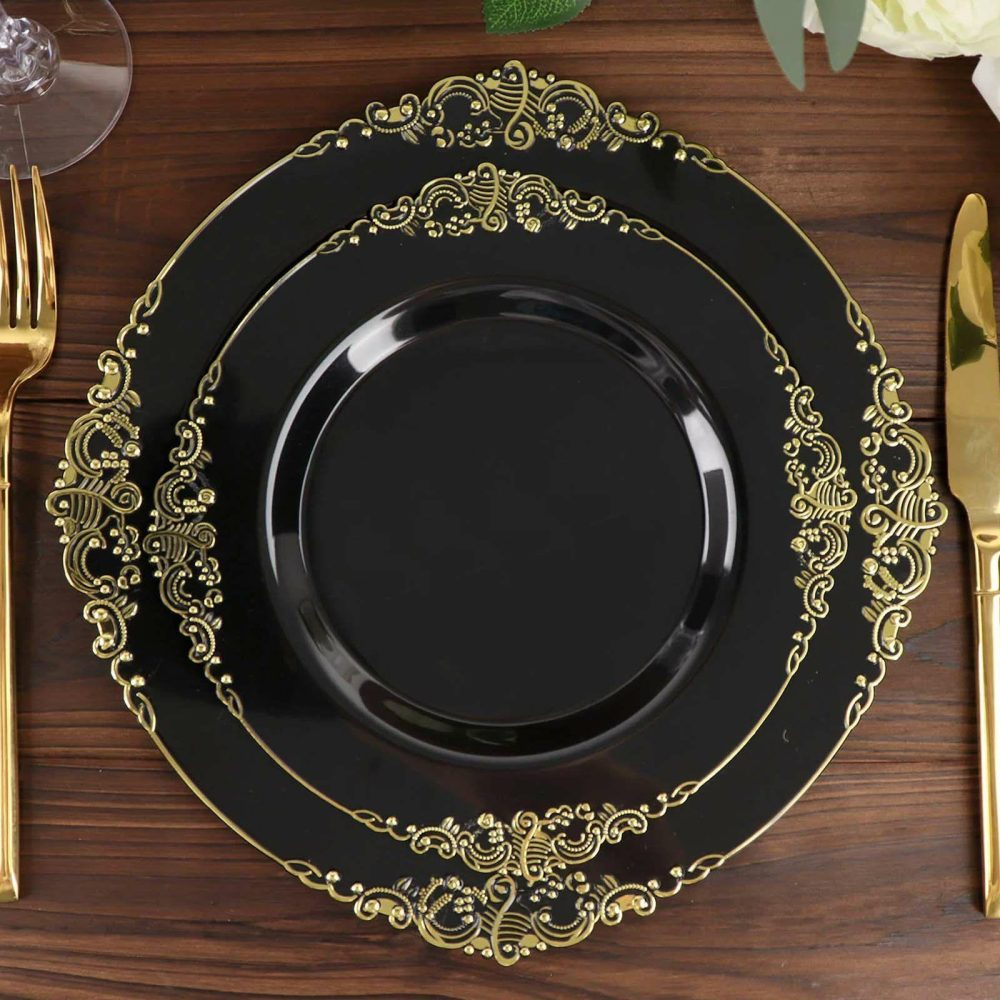 10 Pack Plastic Dessert Salad Plates In Vintage Black, Gold Leaf Embossed Baroque Disposable Plates 8″ Round  |   Disposable Salad/Dessert Plates Disposable Plates Black/Gold