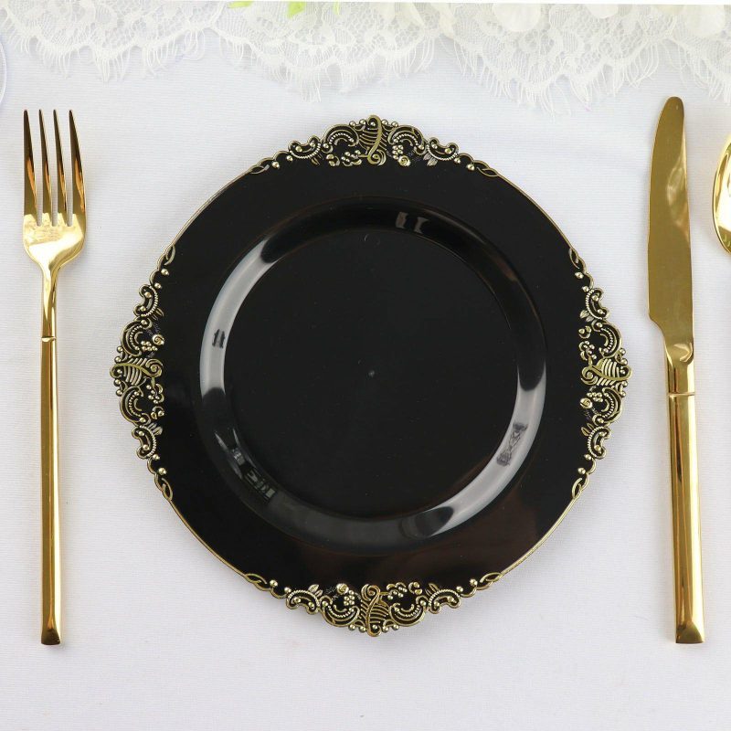 10 Pack Plastic Dessert Salad Plates In Vintage Black, Gold Leaf Embossed Baroque Disposable Plates 8″ Round  |   Disposable Salad/Dessert Plates Disposable Plates Black/Gold