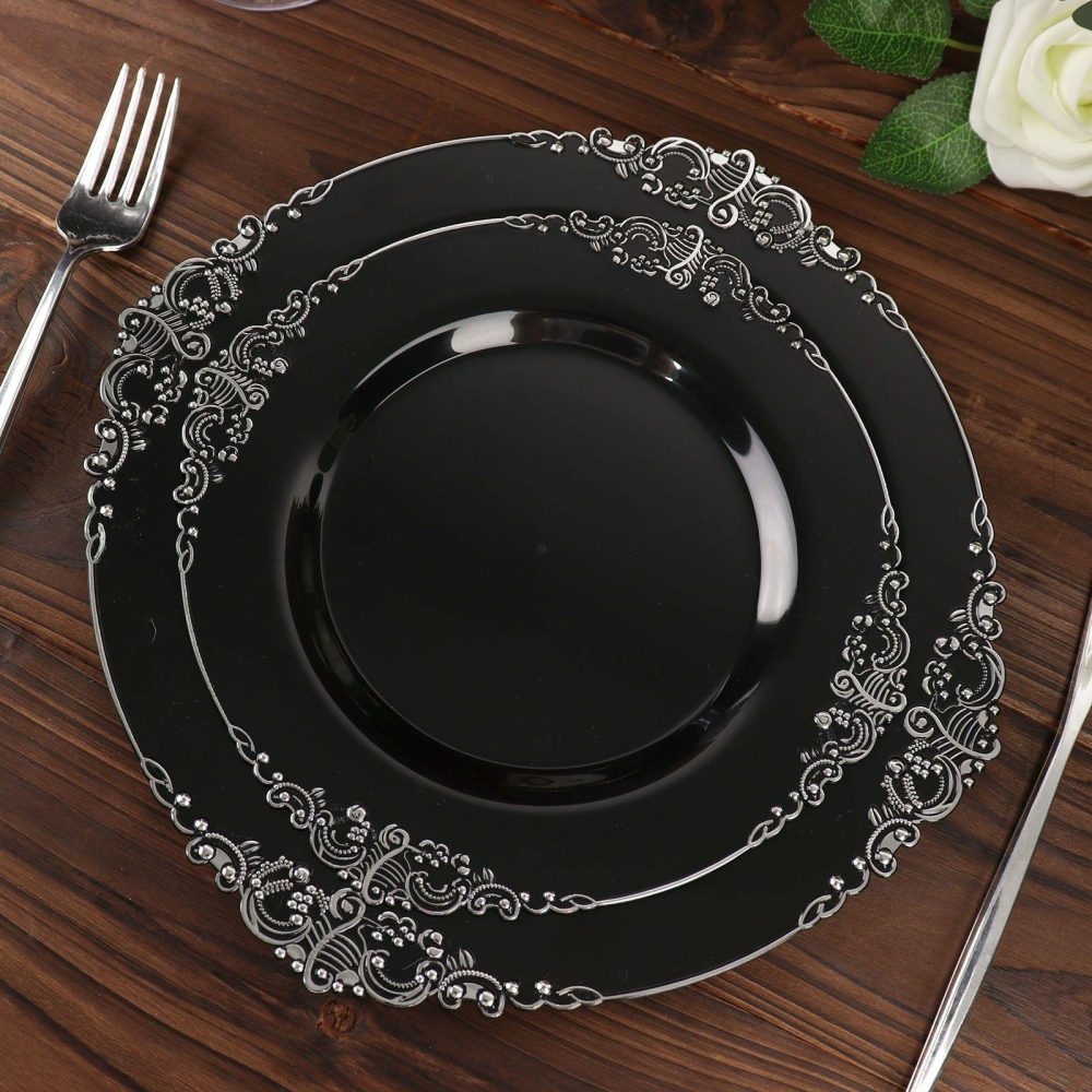 10 Pack Plastic Dessert Salad Plates In Vintage Black, Silver Leaf Embossed Baroque Disposable Plates 8″ Round  |   Disposable Salad/Dessert Plates Disposable Plates Black/Silver