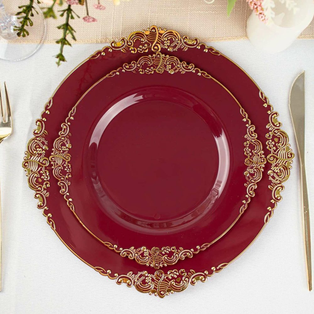 10 Pack Plastic Dessert Salad Plates In Vintage Burgundy, Gold Leaf Embossed Baroque Disposable Plates – 8″ Round  |   Disposable Salad/Dessert Plates Disposable Plates Burgundy