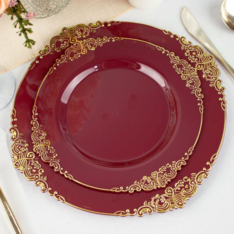 10 Pack Plastic Dessert Salad Plates In Vintage Burgundy, Gold Leaf Embossed Baroque Disposable Plates – 8″ Round  |   Disposable Salad/Dessert Plates Disposable Plates Burgundy