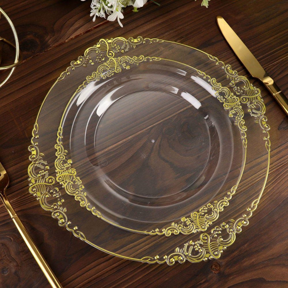 10 Pack Plastic Dessert Salad Plates In Vintage Clear, Gold Leaf Embossed Baroque Disposable Plates 8″ Round  |   Disposable Salad/Dessert Plates Disposable Plates Clear/Gold