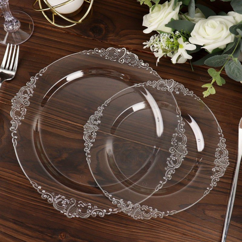 10 Pack Plastic Dessert Salad Plates In Vintage Clear, Silver Leaf Embossed Baroque Disposable Plates 8″ Round  |   Disposable Salad/Dessert Plates Disposable Plates Clear/Silver