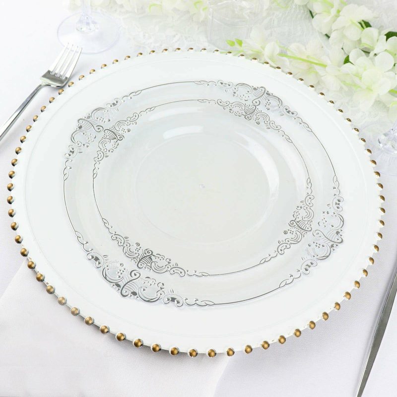 10 Pack Plastic Dessert Salad Plates In Vintage Clear, Silver Leaf Embossed Baroque Disposable Plates 8″ Round  |   Disposable Salad/Dessert Plates Disposable Plates Clear/Silver