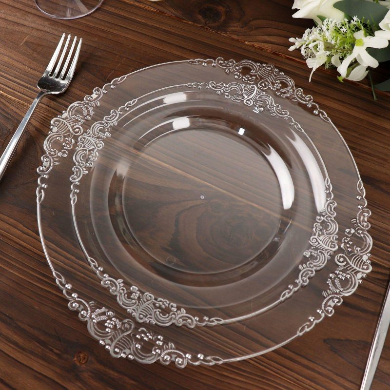 10 Pack Plastic Dessert Salad Plates In Vintage Clear, Silver Leaf Embossed Baroque Disposable Plates 8″ Round  |   Disposable Salad/Dessert Plates Disposable Plates Clear/Silver