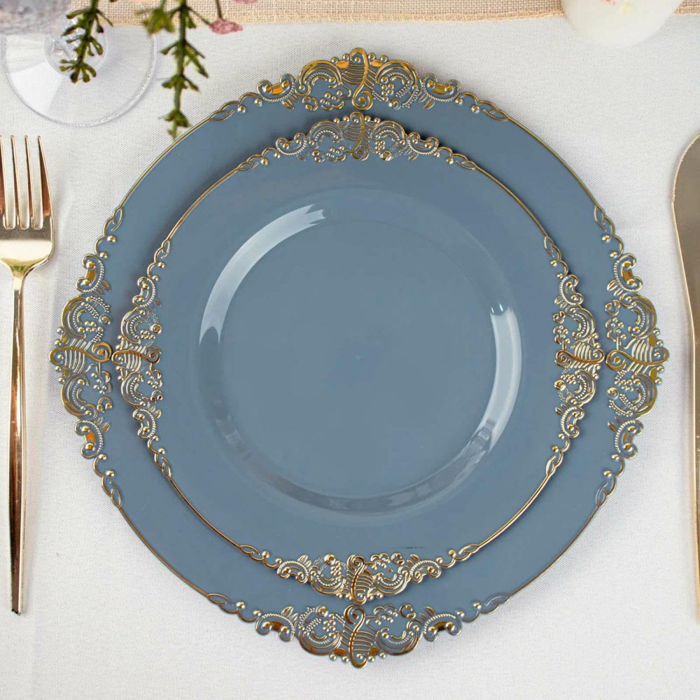 10 Pack Plastic Dessert Salad Plates In Vintage Dusty Blue, Gold Leaf Embossed Baroque Disposable Plates 8″ Round  |   Disposable Salad/Dessert Plates Disposable Plates Disposable Salad/Dessert Plates