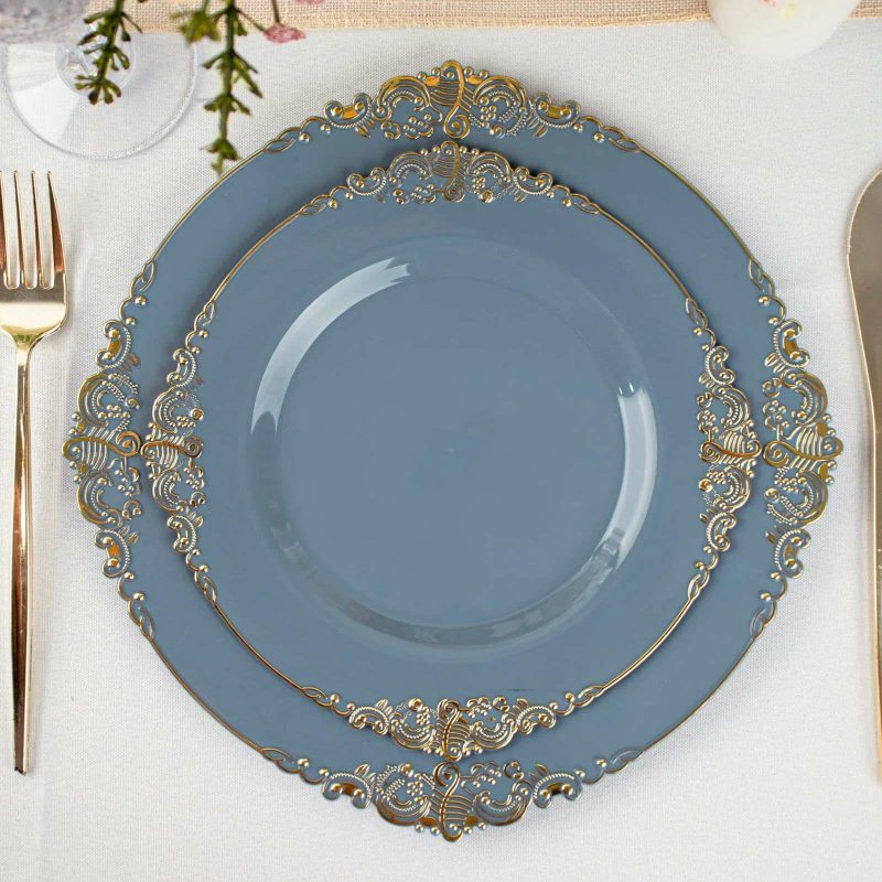 10 Pack Plastic Dessert Salad Plates In Vintage Dusty Blue, Gold Leaf Embossed Baroque Disposable Plates 8″ Round  |   Disposable Salad/Dessert Plates Disposable Plates Disposable Salad/Dessert Plates