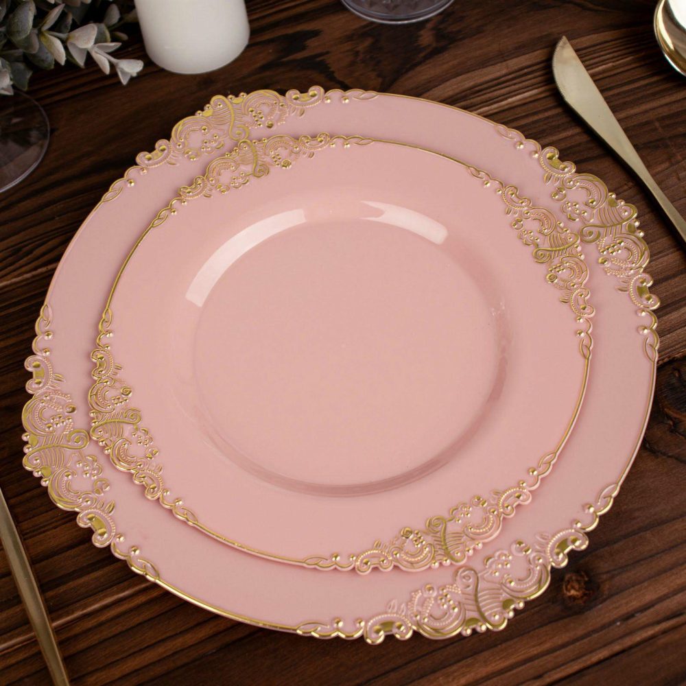 10 Pack Plastic Dessert Salad Plates In Vintage Dusty Rose, Gold Leaf Embossed Baroque Disposable Plates – 8″ Round  |   Disposable Salad/Dessert Plates Disposable Plates Disposable Salad/Dessert Plates