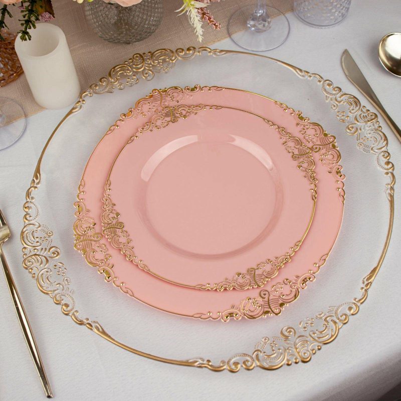 10 Pack Plastic Dessert Salad Plates In Vintage Dusty Rose, Gold Leaf Embossed Baroque Disposable Plates – 8″ Round  |   Disposable Salad/Dessert Plates Disposable Plates Disposable Salad/Dessert Plates