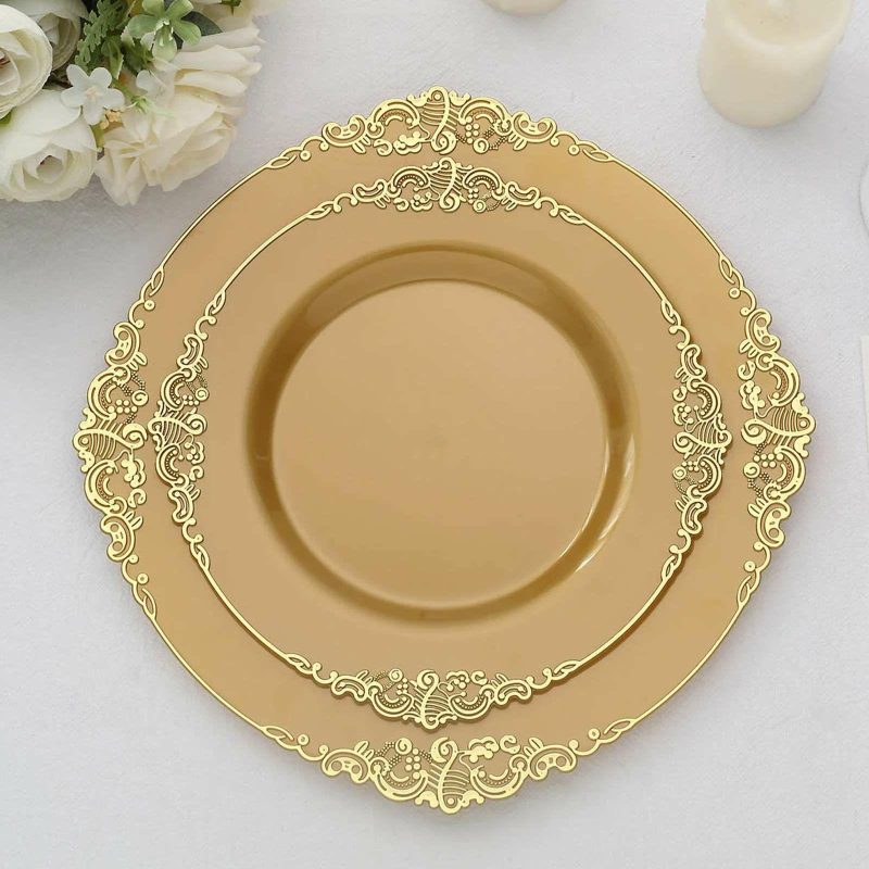 10 Pack Plastic Dessert Salad Plates In Vintage Gold, Leaf Embossed Baroque Disposable Plates 8″ Round  |   Disposable Salad/Dessert Plates Disposable Plates Disposable Salad/Dessert Plates