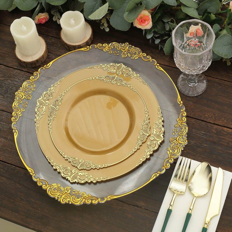 10 Pack Plastic Dessert Salad Plates In Vintage Gold, Leaf Embossed Baroque Disposable Plates 8″ Round  |   Disposable Salad/Dessert Plates Disposable Plates Disposable Salad/Dessert Plates