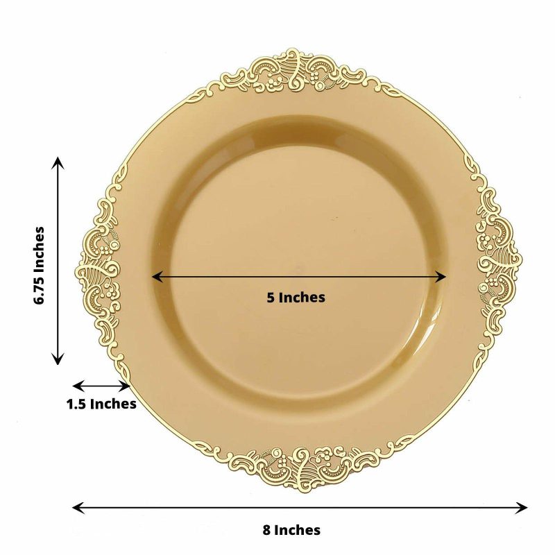 10 Pack Plastic Dessert Salad Plates In Vintage Gold, Leaf Embossed Baroque Disposable Plates 8″ Round  |   Disposable Salad/Dessert Plates Disposable Plates Disposable Salad/Dessert Plates