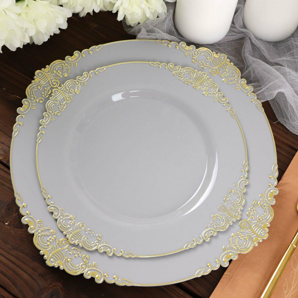 10 Pack Plastic Dessert Salad Plates In Vintage Gray, Gold Leaf Embossed Baroque Disposable Plates 8″ Round  |   Disposable Salad/Dessert Plates Disposable Plates Disposable Salad/Dessert Plates