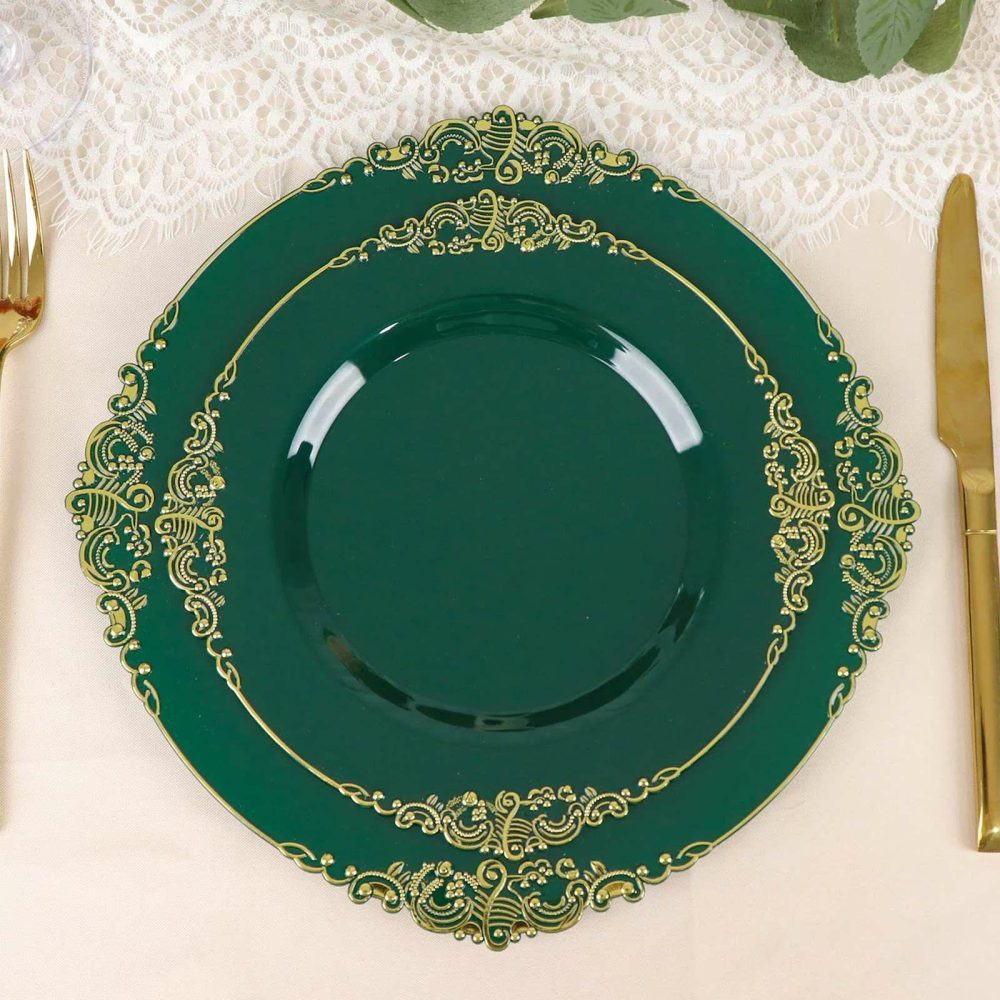 10 Pack Plastic Dessert Salad Plates In Vintage Hunter Emerald Green, Gold Leaf Embossed Baroque Disposable Plates – 8″ Round  |   Disposable Salad/Dessert Plates Disposable Plates Disposable Salad/Dessert Plates