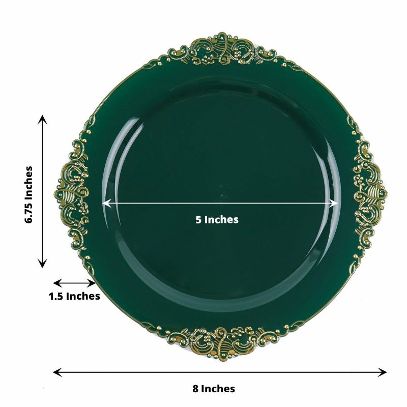 10 Pack Plastic Dessert Salad Plates In Vintage Hunter Emerald Green, Gold Leaf Embossed Baroque Disposable Plates – 8″ Round  |   Disposable Salad/Dessert Plates Disposable Plates Disposable Salad/Dessert Plates