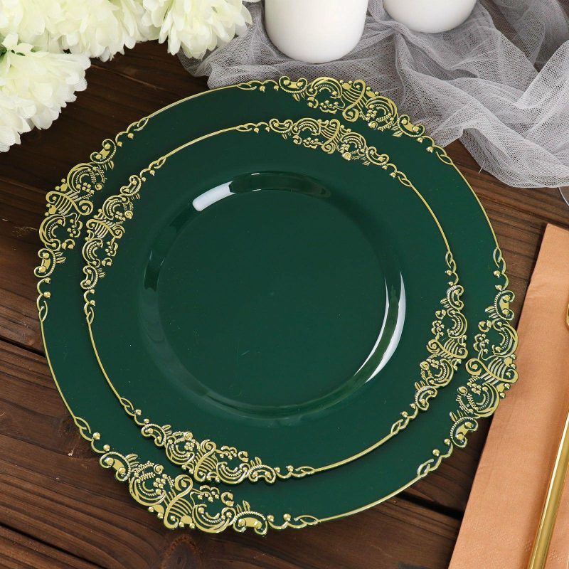 10 Pack Plastic Dessert Salad Plates In Vintage Hunter Emerald Green, Gold Leaf Embossed Baroque Disposable Plates – 8″ Round  |   Disposable Salad/Dessert Plates Disposable Plates Disposable Salad/Dessert Plates