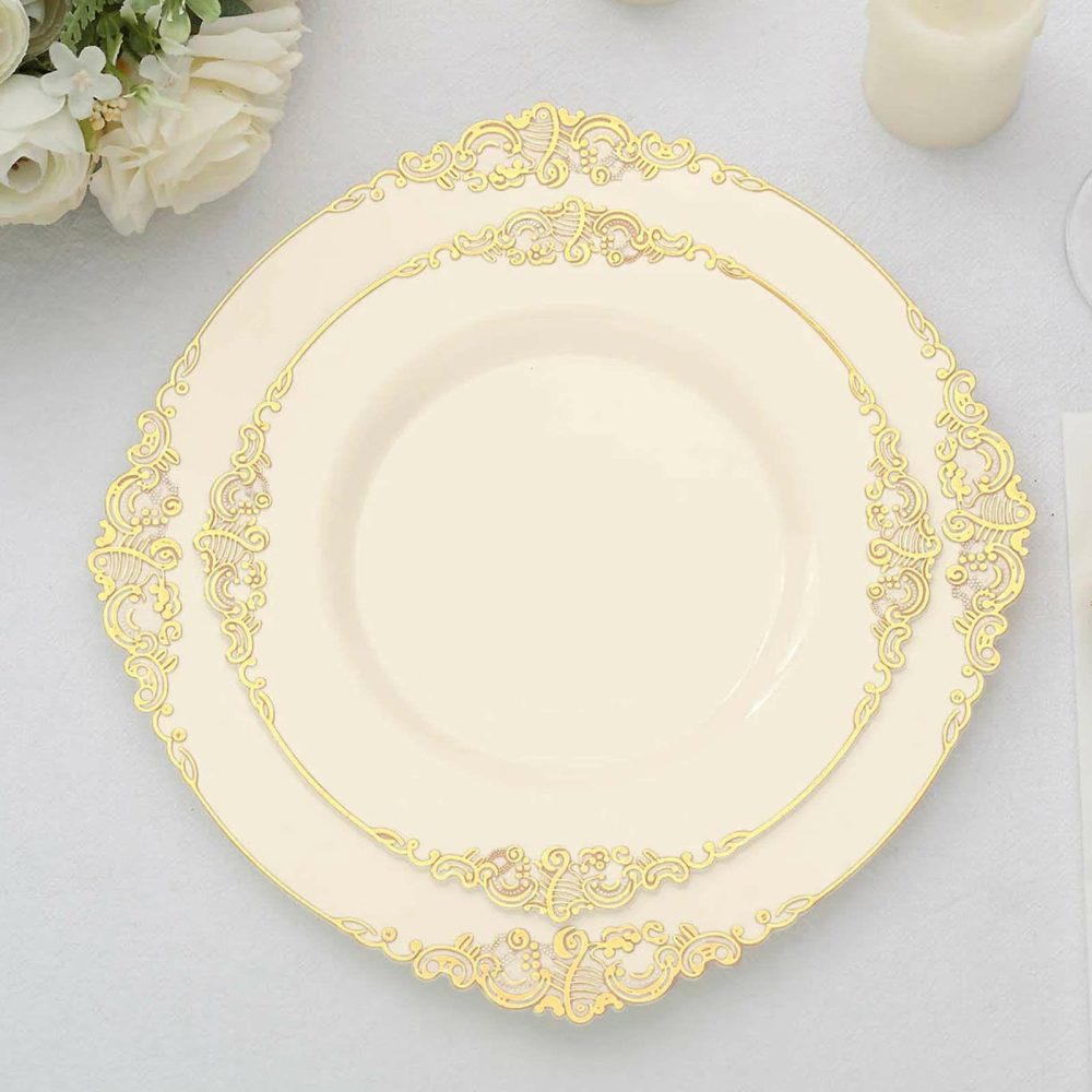 10 Pack Plastic Dessert Salad Plates In Vintage Ivory, Gold Leaf Embossed Baroque Disposable Plates 8″ Round  |   Disposable Salad/Dessert Plates Disposable Plates Disposable Salad/Dessert Plates