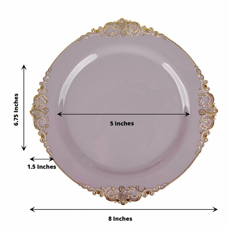 10 Pack Plastic Dessert Salad Plates In Vintage Lavender Lilac, Gold Leaf Embossed Baroque Disposable Plates 8″ Round  |   Disposable Salad/Dessert Plates Disposable Plates Disposable Salad/Dessert Plates