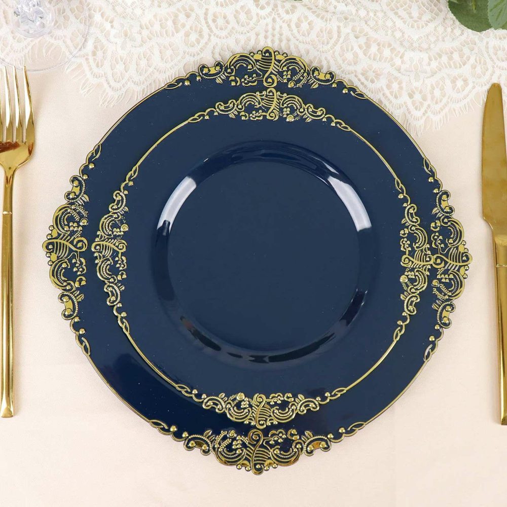 10 Pack Plastic Dessert Salad Plates In Vintage Navy Blue, Gold Leaf Embossed Baroque Disposable Plates – 8″ Round  |   Disposable Salad/Dessert Plates Disposable Plates Disposable Salad/Dessert Plates