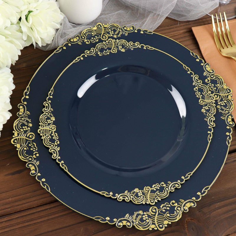 10 Pack Plastic Dessert Salad Plates In Vintage Navy Blue, Gold Leaf Embossed Baroque Disposable Plates – 8″ Round  |   Disposable Salad/Dessert Plates Disposable Plates Disposable Salad/Dessert Plates