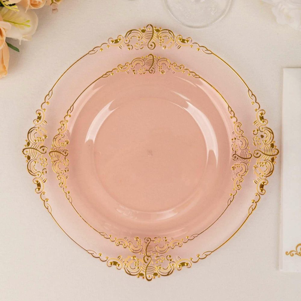 10 Pack Plastic Dessert Salad Plates In Vintage Transparent Blush, Gold Leaf Embossed Baroque Disposable Plates 8″ Round  |   Disposable Salad/Dessert Plates Disposable Plates Disposable Salad/Dessert Plates