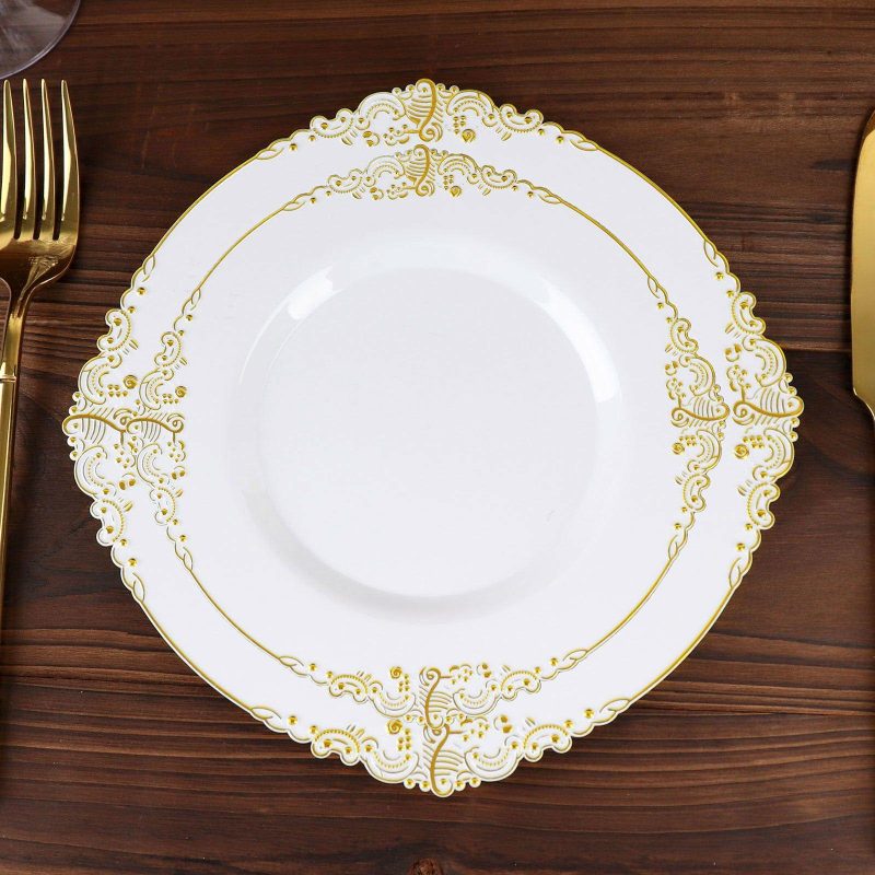 10 Pack Plastic Dessert Salad Plates In Vintage White, Gold Leaf Embossed Baroque Disposable Plates 8″ Round  |   Disposable Salad/Dessert Plates Disposable Plates Disposable Salad/Dessert Plates