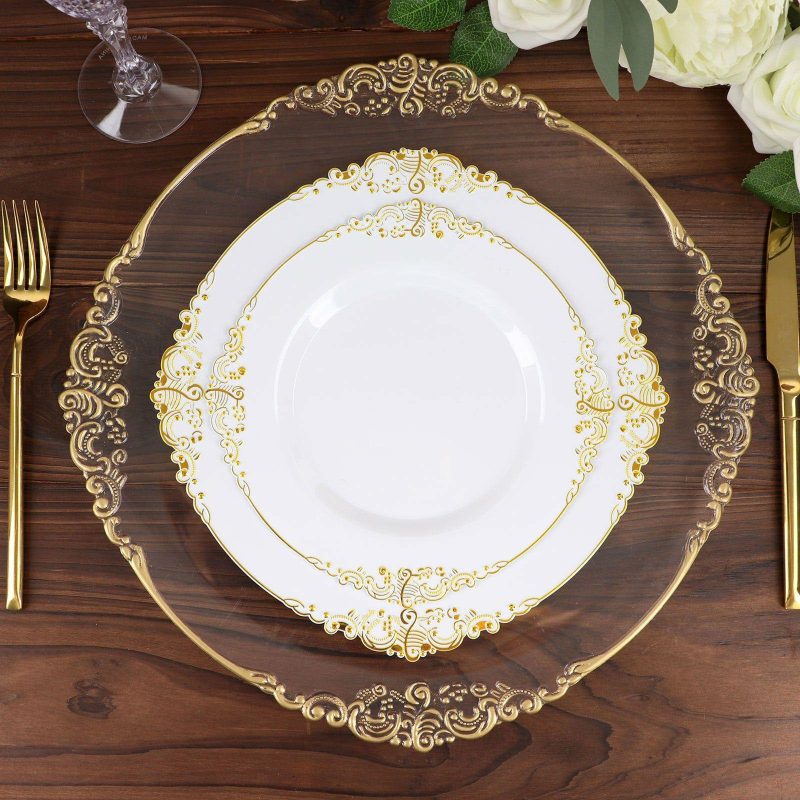 10 Pack Plastic Dessert Salad Plates In Vintage White, Gold Leaf Embossed Baroque Disposable Plates 8″ Round  |   Disposable Salad/Dessert Plates Disposable Plates Disposable Salad/Dessert Plates