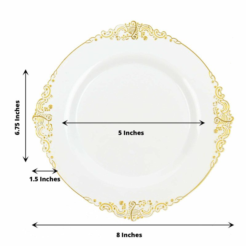 10 Pack Plastic Dessert Salad Plates In Vintage White, Gold Leaf Embossed Baroque Disposable Plates 8″ Round  |   Disposable Salad/Dessert Plates Disposable Plates Disposable Salad/Dessert Plates