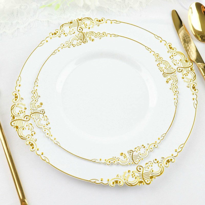 10 Pack Plastic Dessert Salad Plates In Vintage White, Gold Leaf Embossed Baroque Disposable Plates 8″ Round  |   Disposable Salad/Dessert Plates Disposable Plates Disposable Salad/Dessert Plates