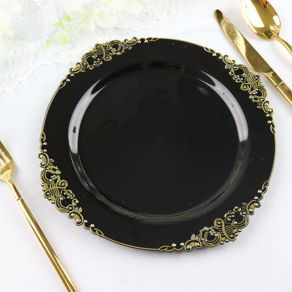 10 Pack Plastic Dinner Plates in Vintage Black, Gold Leaf Embossed Baroque Disposable Plates 10″ Round  |   Disposable Dinner Plates Disposable Dinner Plates Black