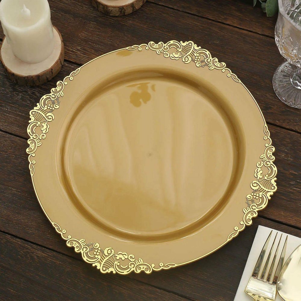 10 Pack Plastic Dinner Plates in Vintage Gold Leaf Embossed Baroque Disposable Plates 10″ Round  |   Disposable Dinner Plates Disposable Dinner Plates Disposable Dinner Plates