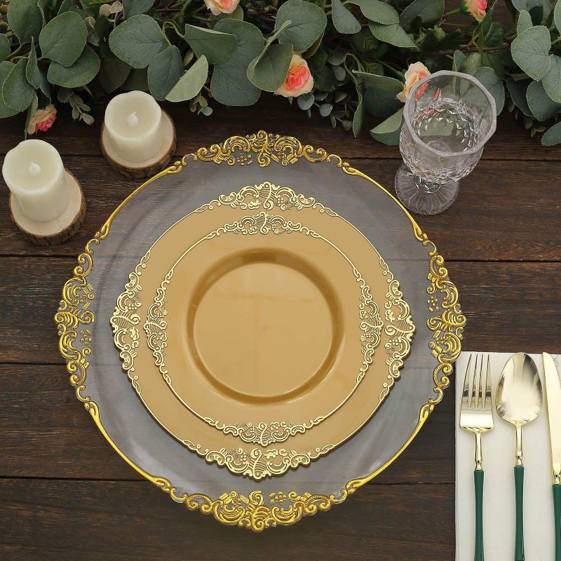 10 Pack Plastic Dinner Plates in Vintage Gold Leaf Embossed Baroque Disposable Plates 10″ Round  |   Disposable Dinner Plates Disposable Dinner Plates Disposable Dinner Plates