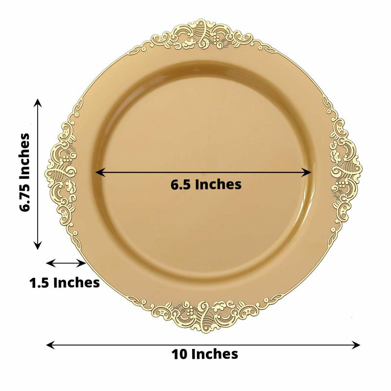 10 Pack Plastic Dinner Plates in Vintage Gold Leaf Embossed Baroque Disposable Plates 10″ Round  |   Disposable Dinner Plates Disposable Dinner Plates Disposable Dinner Plates