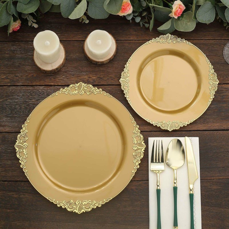 10 Pack Plastic Dinner Plates in Vintage Gold Leaf Embossed Baroque Disposable Plates 10″ Round  |   Disposable Dinner Plates Disposable Dinner Plates Disposable Dinner Plates