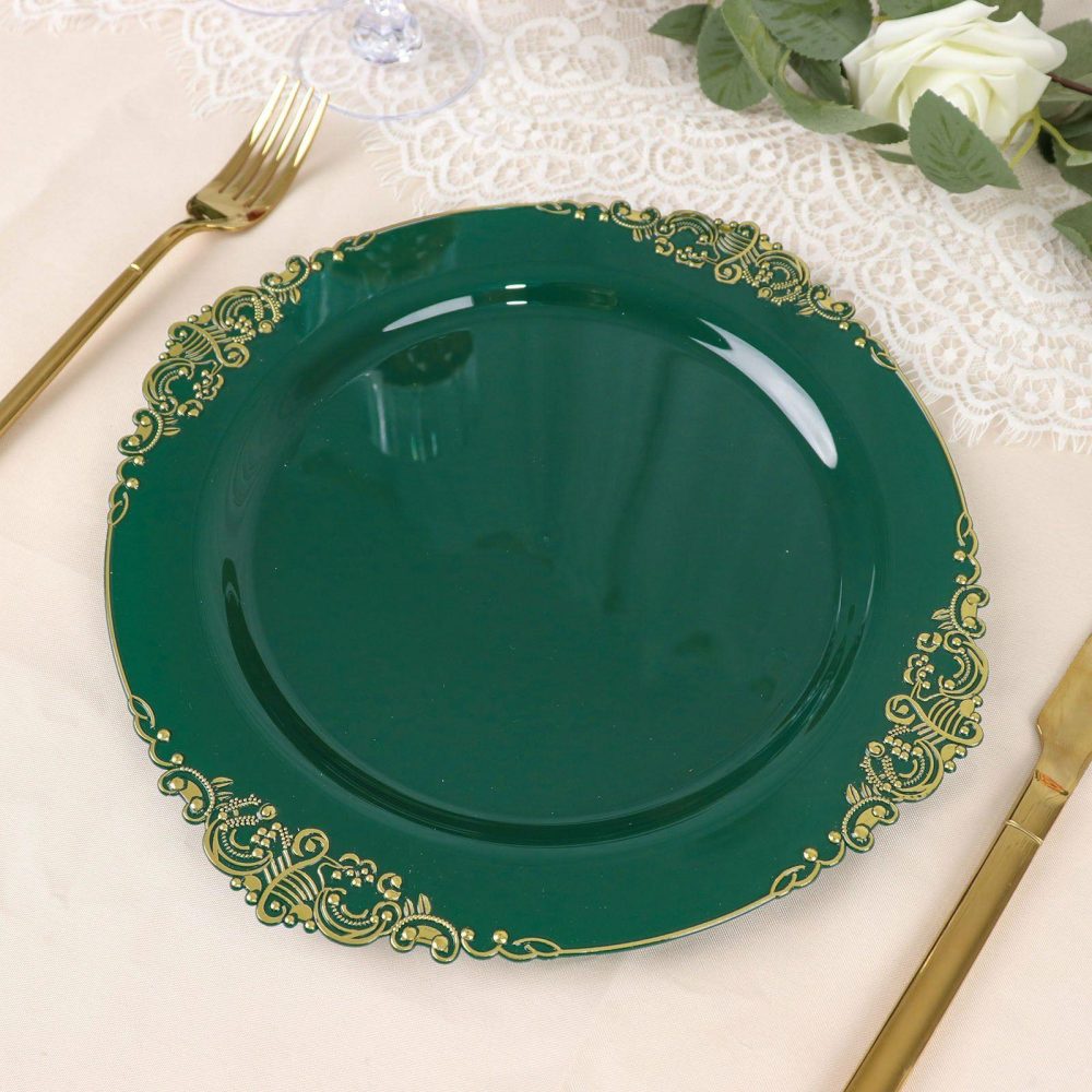 10 Pack Plastic Dinner Plates in Vintage Hunter Emerald Green, Gold Leaf Embossed Baroque Disposable Plates 10″ Round  |   Disposable Dinner Plates Disposable Dinner Plates Disposable Dinner Plates