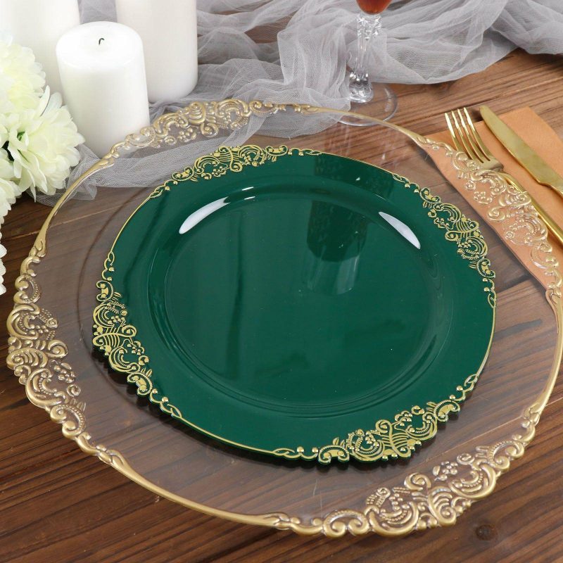 10 Pack Plastic Dinner Plates in Vintage Hunter Emerald Green, Gold Leaf Embossed Baroque Disposable Plates 10″ Round  |   Disposable Dinner Plates Disposable Dinner Plates Disposable Dinner Plates