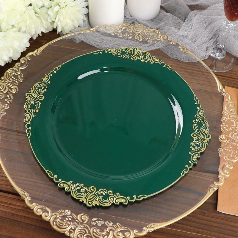 10 Pack Plastic Dinner Plates in Vintage Hunter Emerald Green, Gold Leaf Embossed Baroque Disposable Plates 10″ Round  |   Disposable Dinner Plates Disposable Dinner Plates Disposable Dinner Plates