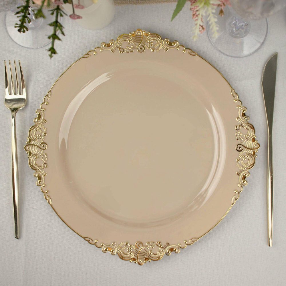 10 Pack Plastic Dinner Plates in Vintage Taupe, Gold Leaf Embossed Baroque Disposable Plates 10″ Round  |   Disposable Dinner Plates Disposable Dinner Plates Disposable Dinner Plates